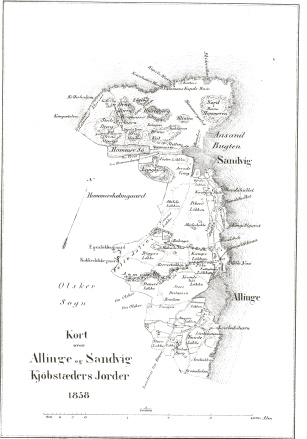 Kort over Allinge og Sandvig Kjøbstæders jorder 1858